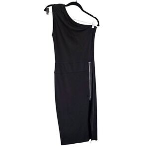Cara Cheung Black One Shoulder Bodycon Knit Zipper Slit Midi Dress Small